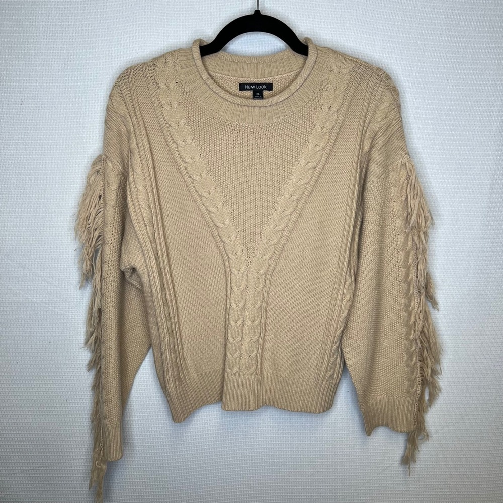 New Look Womens XL Beige Cable‎ Knit Fringe Sleeve Crew Neck Sweater - Picture 2 of 5